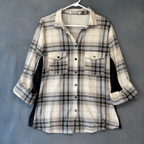Plaid Flannel Button Up Shirt Beige Black Check 1X Plus Size Preppy Skate Casual - Picture 1 of 12